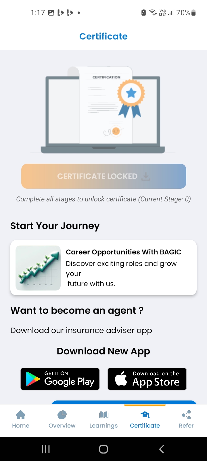 Certificate tracking screen